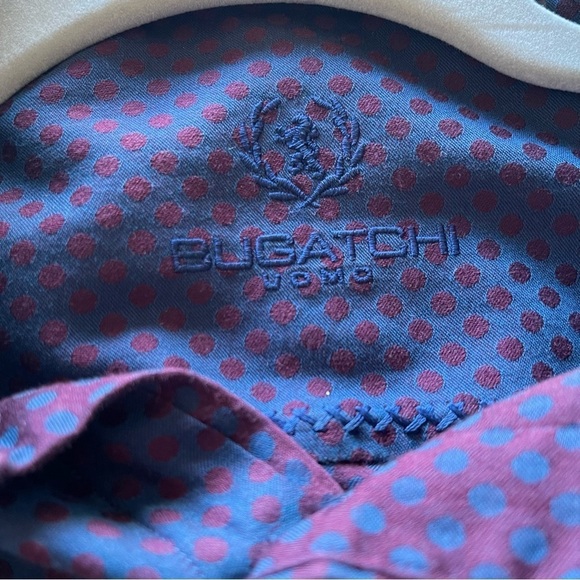 Bugatchi Uomo James Oooh Cotton button up shirt navy with purple polka dots Med - Picture 7 of 8